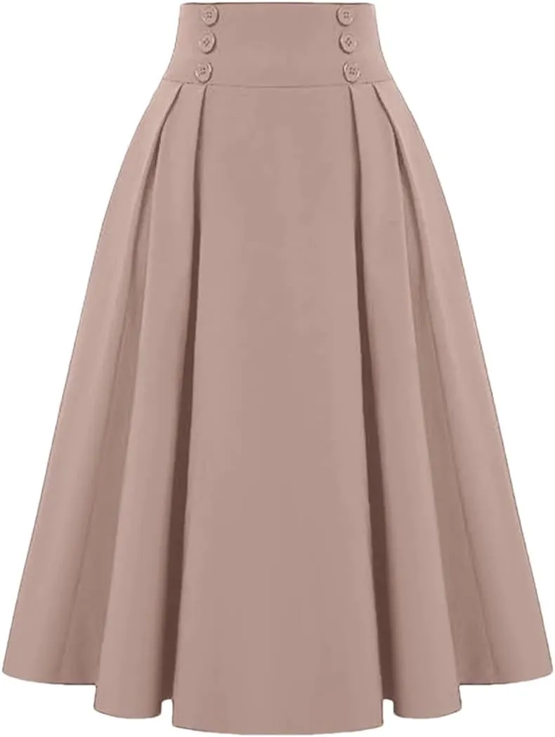 Women High Waist Midi Skirt Summer Solid Vintage Pleating A-Line Fashion Buttons Skirt