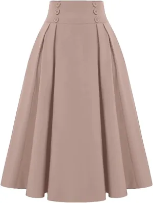 Women High Waist Midi Skirt Summer Solid Vintage Pleating A-Line Fashion Buttons Skirt