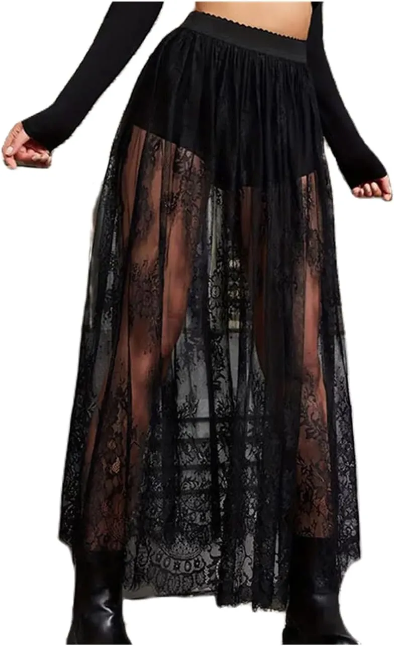 Women Lace Long Skirt A Line High Waist Floral Print Cover Up Maxi Skirt Y2k Solid Sheer Mesh Outfit