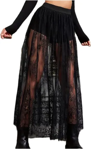 Women Lace Long Skirt A Line High Waist Floral Print Cover Up Maxi Skirt Y2k Solid Sheer Mesh Outfit