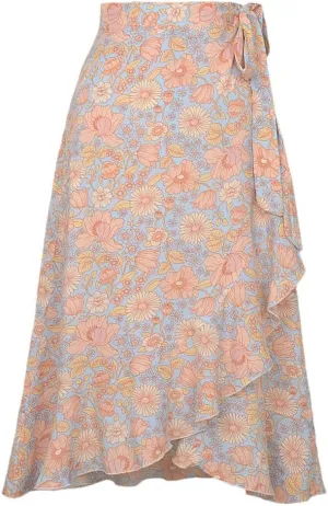 Women Lace-Up High Waist Print Irregular A Line Casual Midi Skirts
