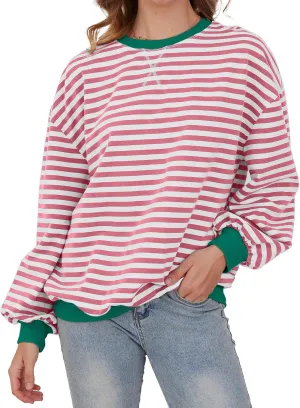 Women Oversized Striped Sweatshirt Long Sleeve Crew Neck Casual Pullover Top Fall Y2K Trendy Clothes