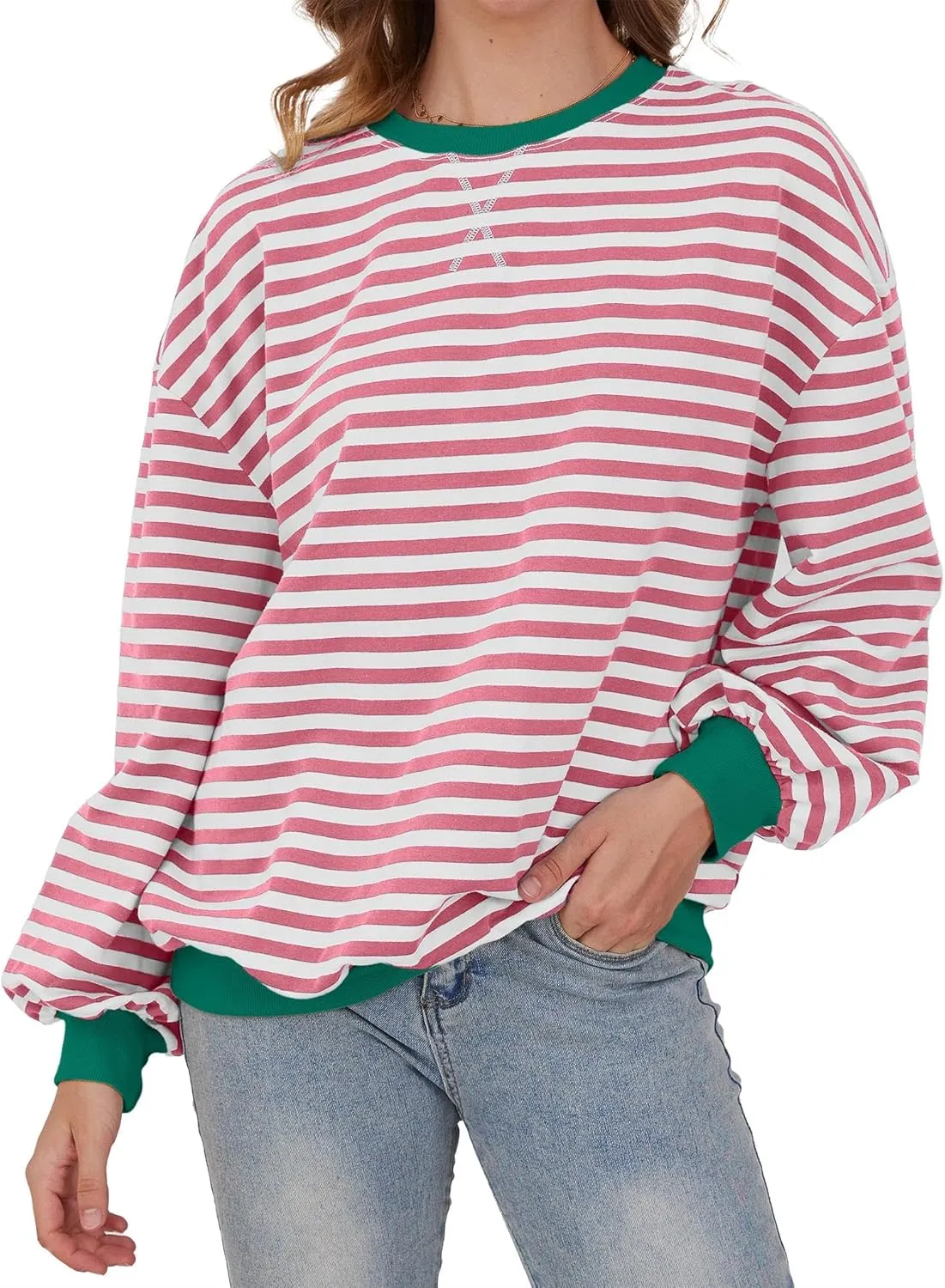Women Oversized Striped Sweatshirt Long Sleeve Crew Neck Casual Pullover Top Fall Y2K Trendy Clothes