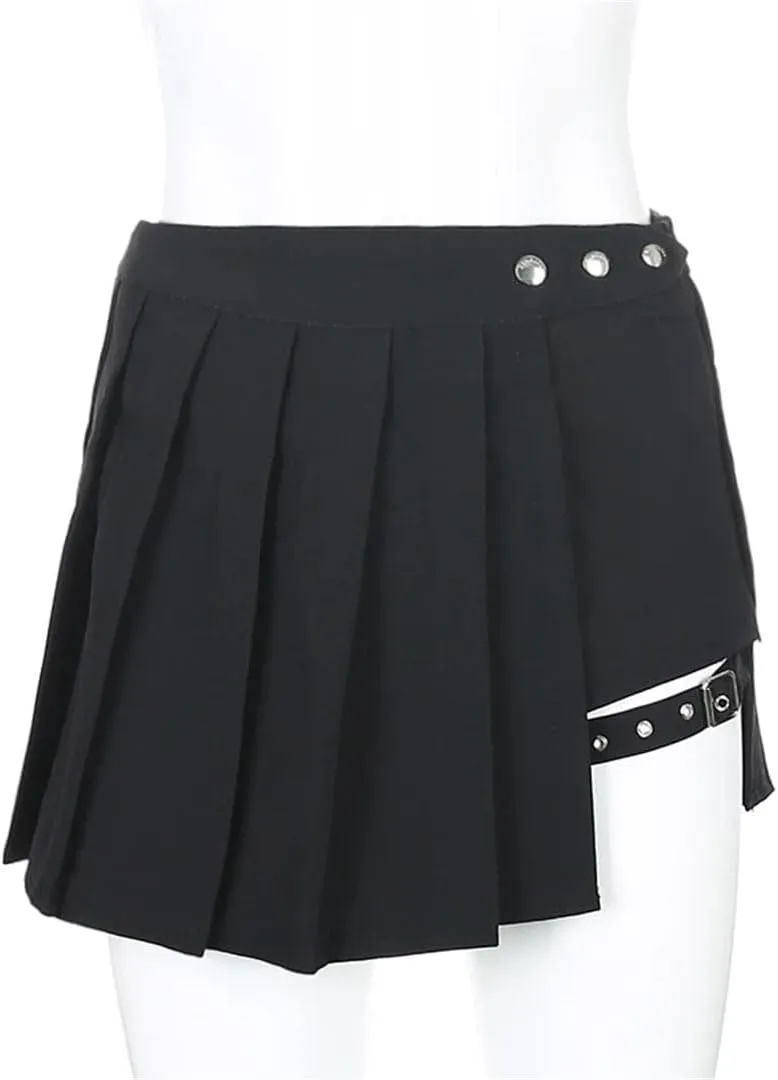 Women Pleated Gothic Half Skirts Punk Style Plaid Irregular Skirts Asymmetrical High Waist Black Skirts