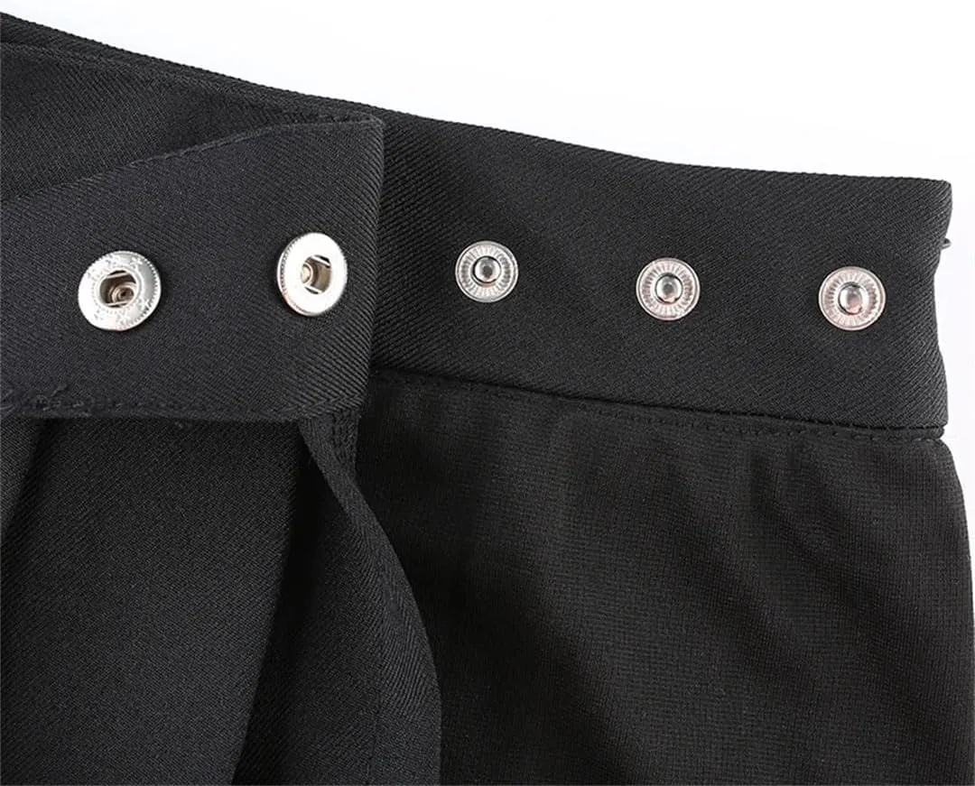 Women Pleated Gothic Half Skirts Punk Style Plaid Irregular Skirts Asymmetrical High Waist Black Skirts