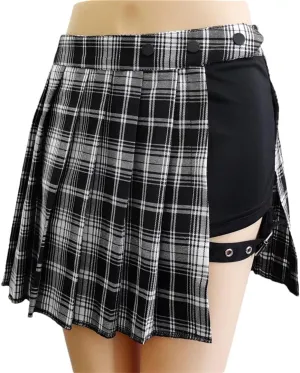 Women Pleated Gothic Half Skirts Punk Style Plaid Irregular Skirts Asymmetrical High Waist Black Skirts