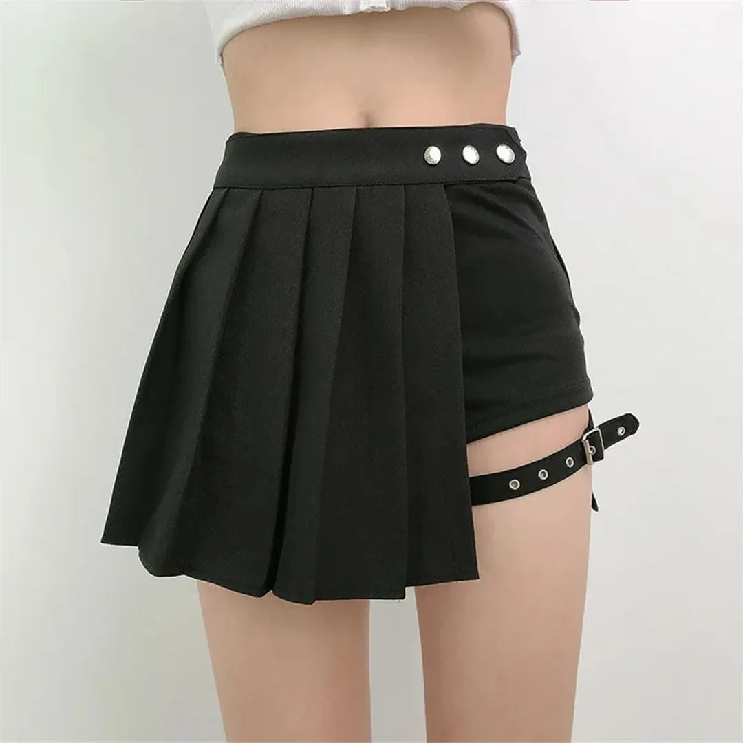 Women Pleated Gothic Half Skirts Punk Style Plaid Irregular Skirts Asymmetrical High Waist Black Skirts