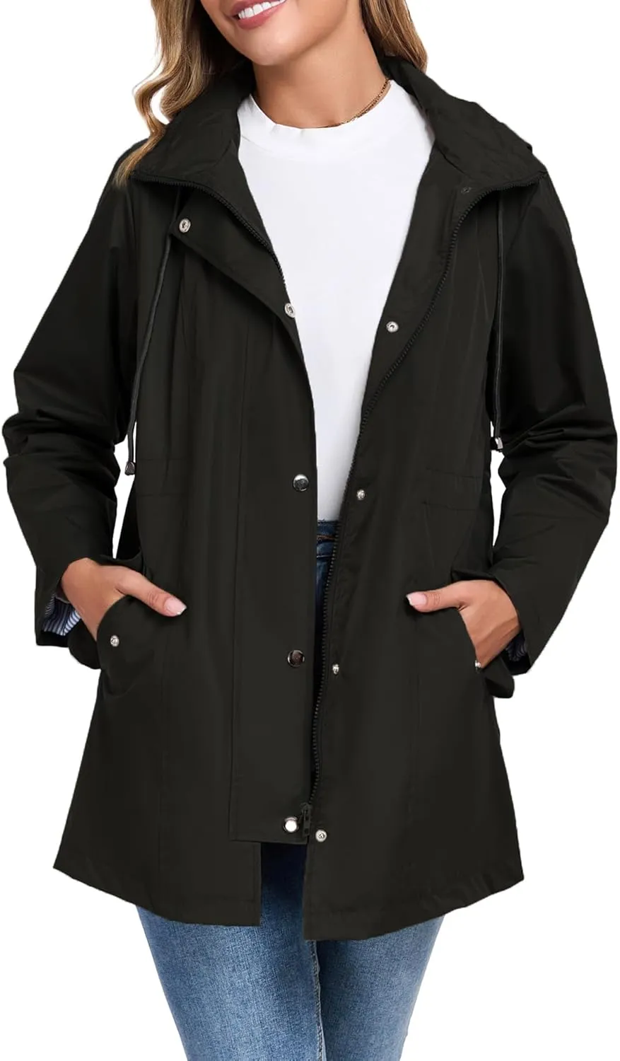 Women Rain Jacket Waterproof Long Hooded Windbreaker Lined Lightweight Outdoor Hiking Raincoat Trench Coats S-XXL