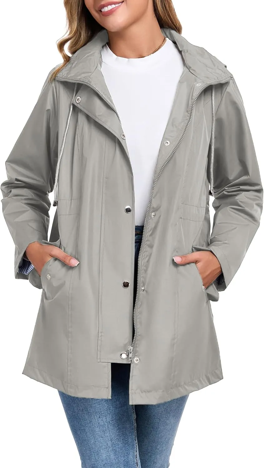 Women Rain Jacket Waterproof Long Hooded Windbreaker Lined Lightweight Outdoor Hiking Raincoat Trench Coats S-XXL