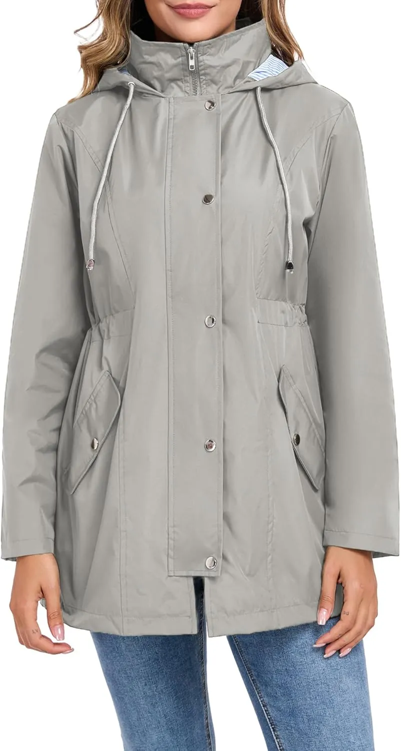 Women Rain Jacket Waterproof Long Hooded Windbreaker Lined Lightweight Outdoor Hiking Raincoat Trench Coats S-XXL