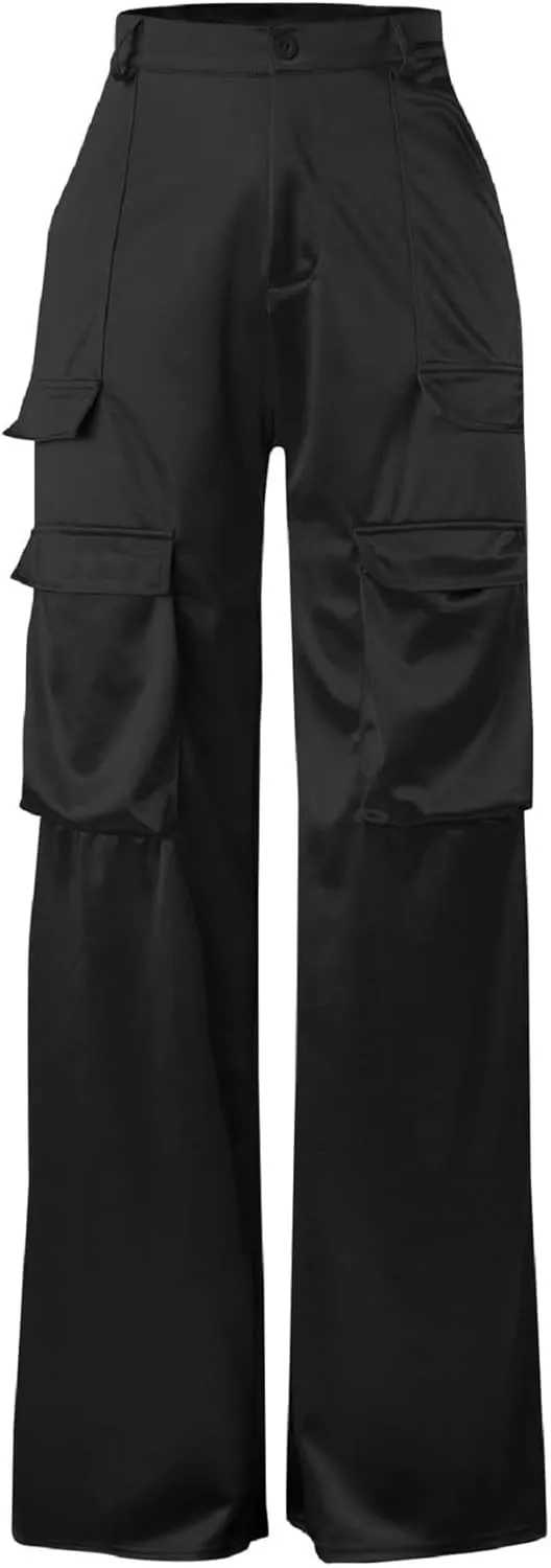 Women Satin Cargo Pants High Waisted Straight Wide Leg Casual Pants Multi Pockets Club Y2k Trousers