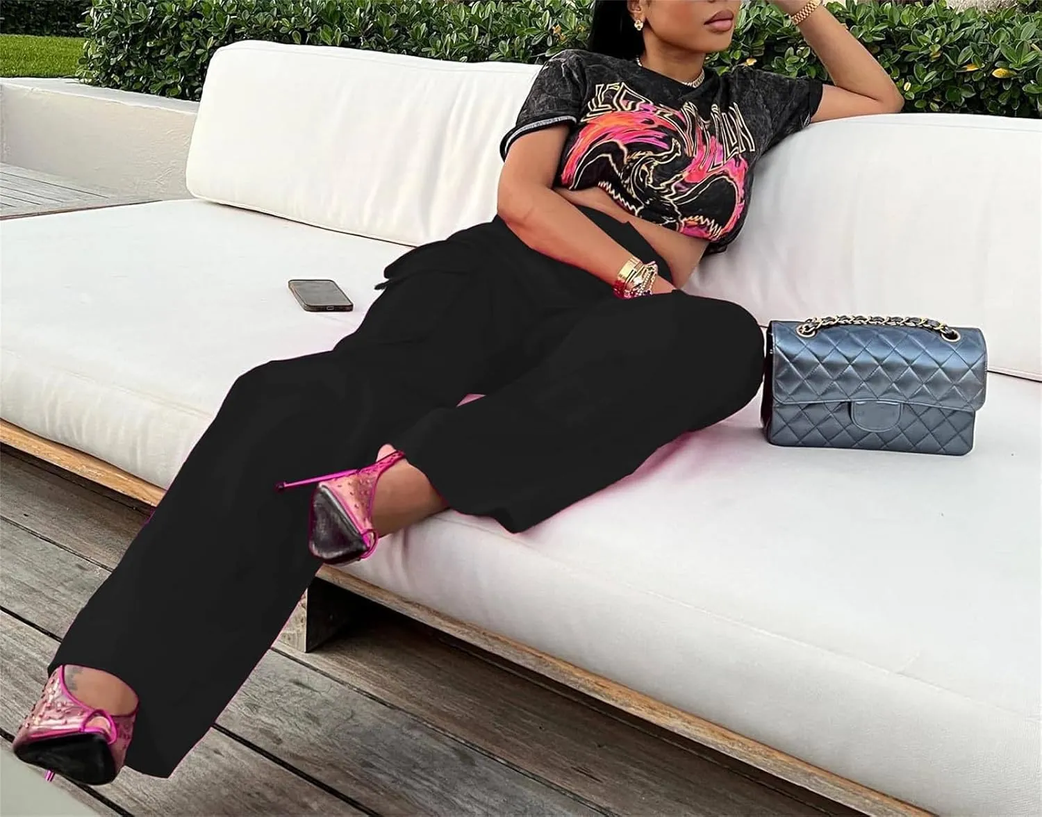 Women Satin Cargo Pants High Waisted Straight Wide Leg Casual Pants Multi Pockets Club Y2k Trousers