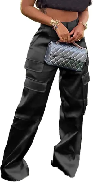 Women Satin Cargo Pants High Waisted Straight Wide Leg Casual Pants Multi Pockets Club Y2k Trousers