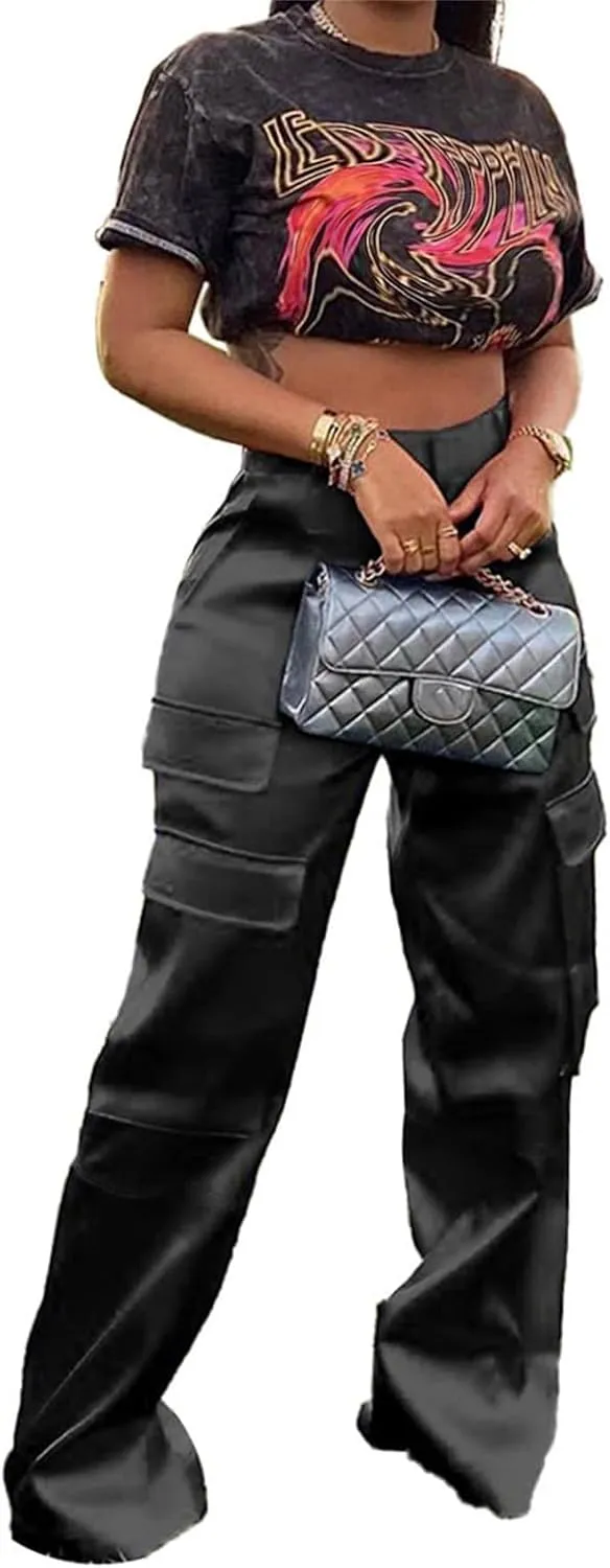 Women Satin Cargo Pants High Waisted Straight Wide Leg Casual Pants Multi Pockets Club Y2k Trousers