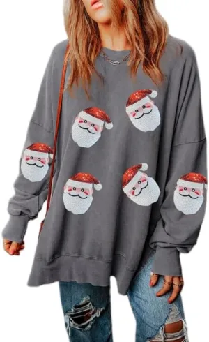 Women Sequin Christmas Sweatshirts Cute Santa Print Long Sleeve Crew Neck Tops Oversized Xmas Pullover Top