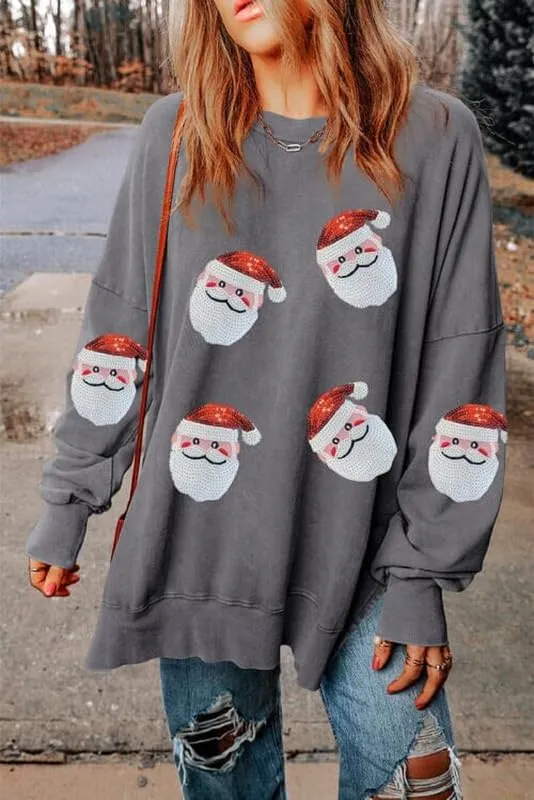 Women Sequin Christmas Sweatshirts Cute Santa Print Long Sleeve Crew Neck Tops Oversized Xmas Pullover Top