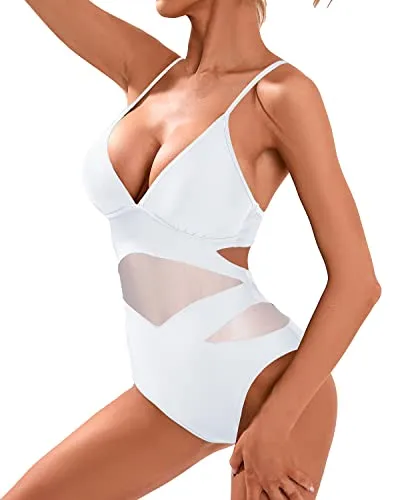 Women Sexy Mesh High Waisted Monokini Plunge V Neck Cutout Swimwear-White
