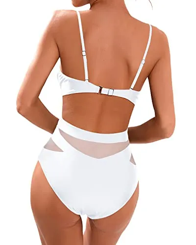 Women Sexy Mesh High Waisted Monokini Plunge V Neck Cutout Swimwear-White