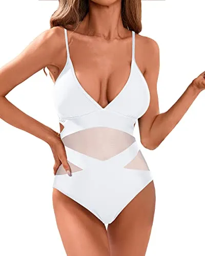 Women Sexy Mesh High Waisted Monokini Plunge V Neck Cutout Swimwear-White