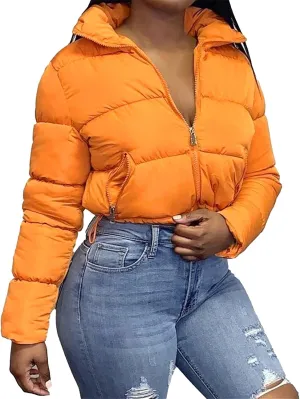 Women Solid Crop Short Down Jacket, Short Lightweight Coat with Zipper, Cropped Puffer Fashion Jackets for Women, Orange