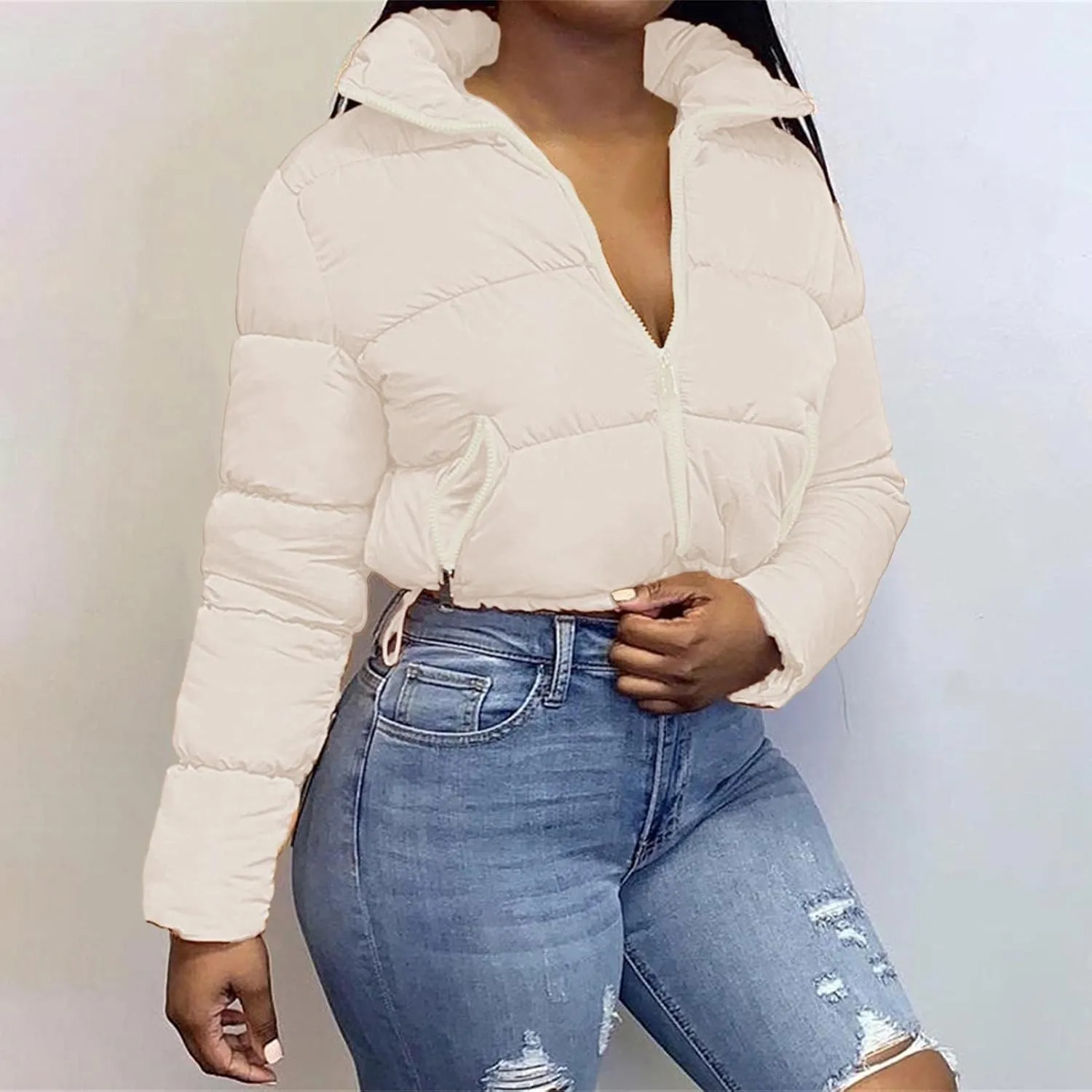 Women Solid Crop Short Down Jacket, Short Lightweight Coat with Zipper, Cropped Puffer Fashion Jackets for Women