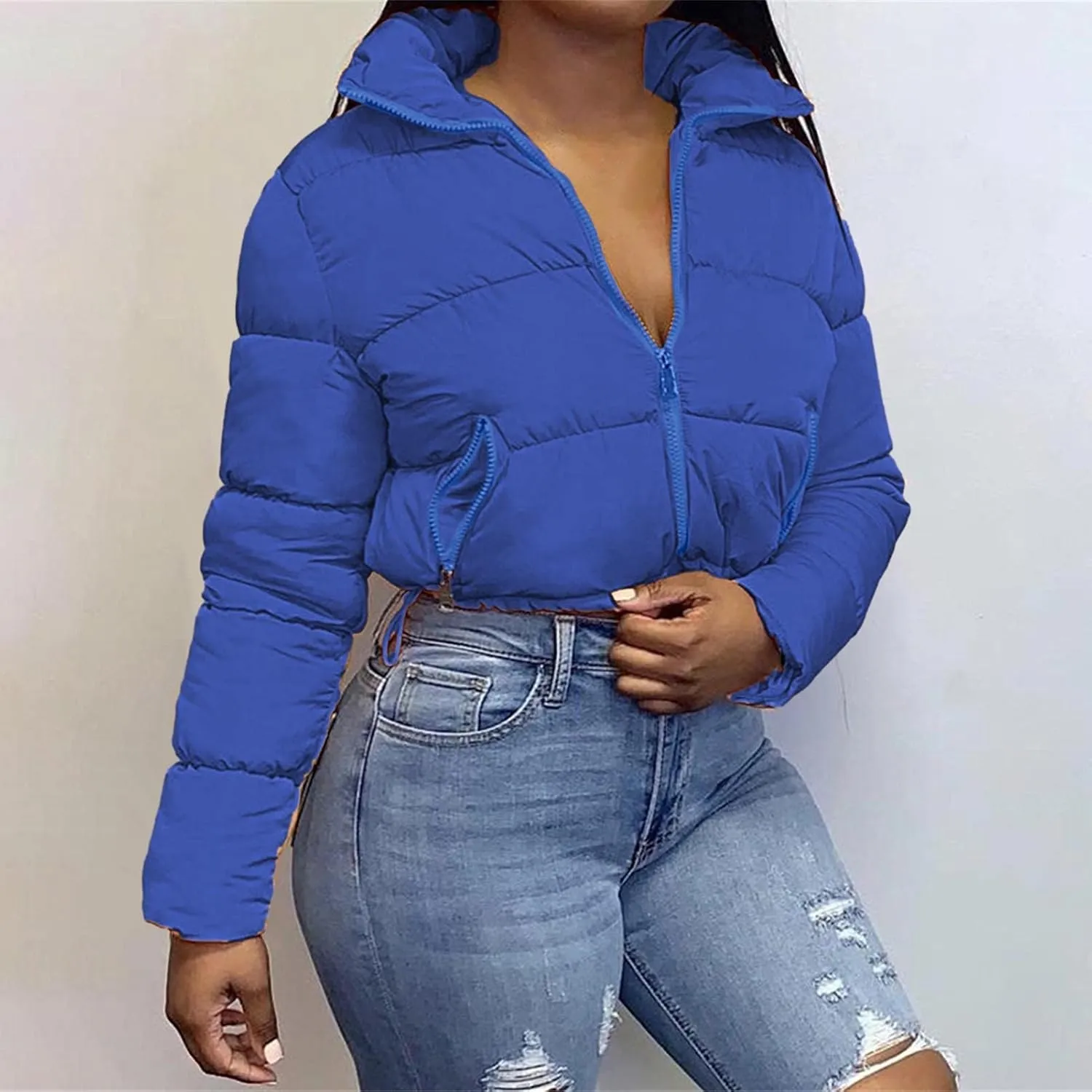 Women Solid Crop Short Down Jacket, Short Lightweight Coat with Zipper, Cropped Puffer Fashion Jackets for Women