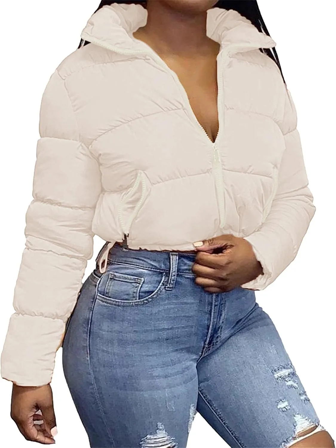 Women Solid Crop Short Down Jacket, Short Lightweight Coat with Zipper, Cropped Puffer Fashion Jackets for Women