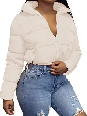 Women Solid Crop Short Down Jacket, Short Lightweight Coat with Zipper, Cropped Puffer Fashion Jackets for Women