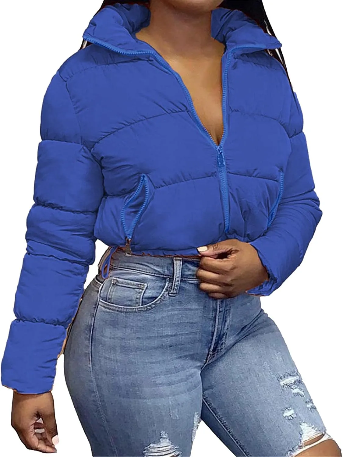 Women Solid Crop Short Down Jacket, Short Lightweight Coat with Zipper, Cropped Puffer Fashion Jackets for Women