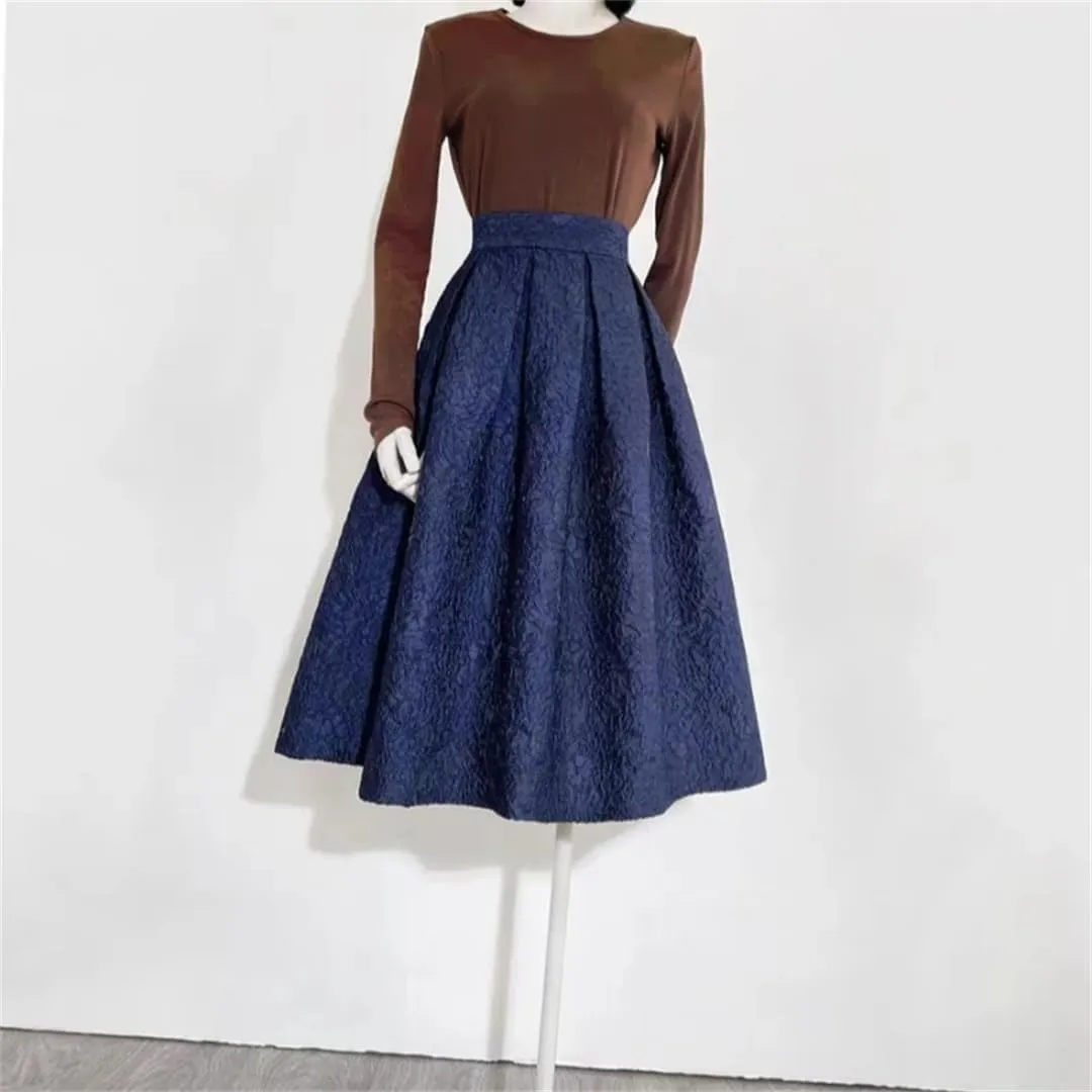 Women Spring Vintage Elegant Navy Blue Floral High Waist Long Pleated Midi Skirt
