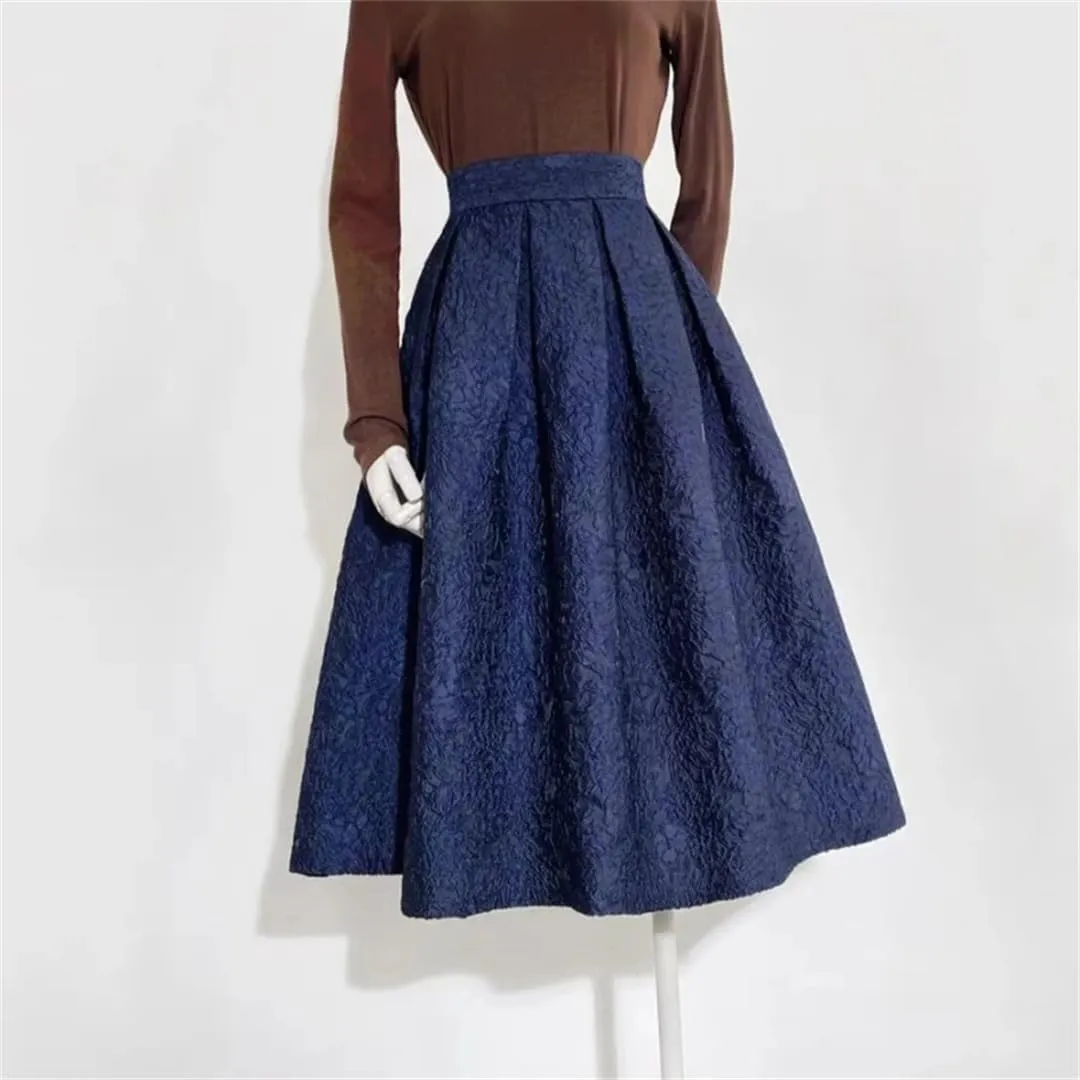 Women Spring Vintage Elegant Navy Blue Floral High Waist Long Pleated Midi Skirt