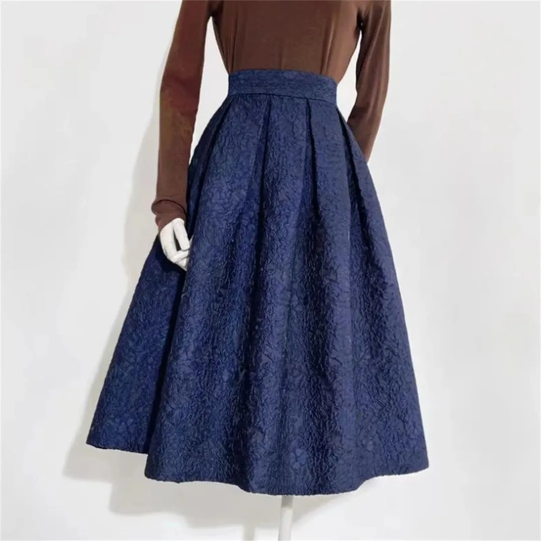 Women Spring Vintage Elegant Navy Blue Floral High Waist Long Pleated Midi Skirt