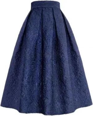 Women Spring Vintage Elegant Navy Blue Floral High Waist Long Pleated Midi Skirt