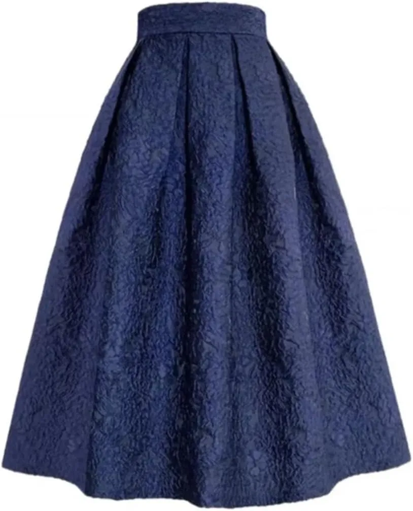Women Spring Vintage Elegant Navy Blue Floral High Waist Long Pleated Midi Skirt