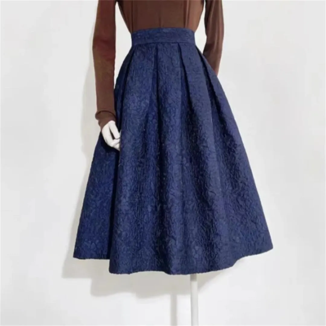 Women Spring Vintage Elegant Navy Blue Floral High Waist Long Pleated Midi Skirt