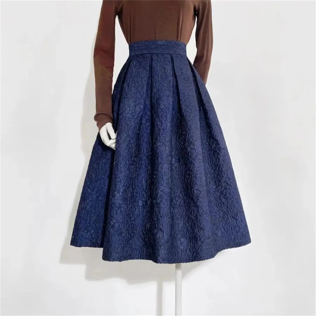 Women Spring Vintage Elegant Navy Blue Floral High Waist Long Pleated Midi Skirt