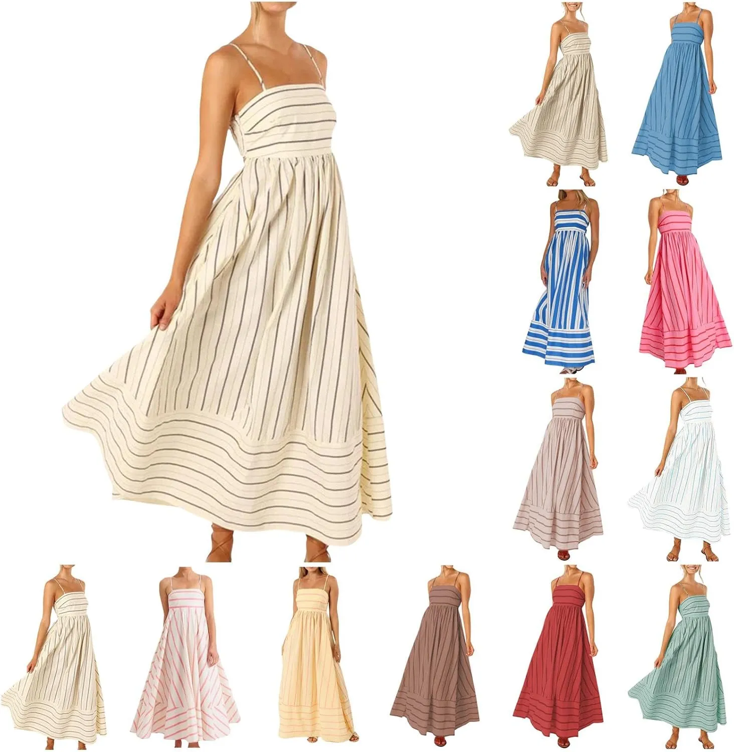 Women Stripe Sleeveless Camisole Dress Plus Size Backless Suspender Dress Summer Flowy Sundress Casual Party Dresses