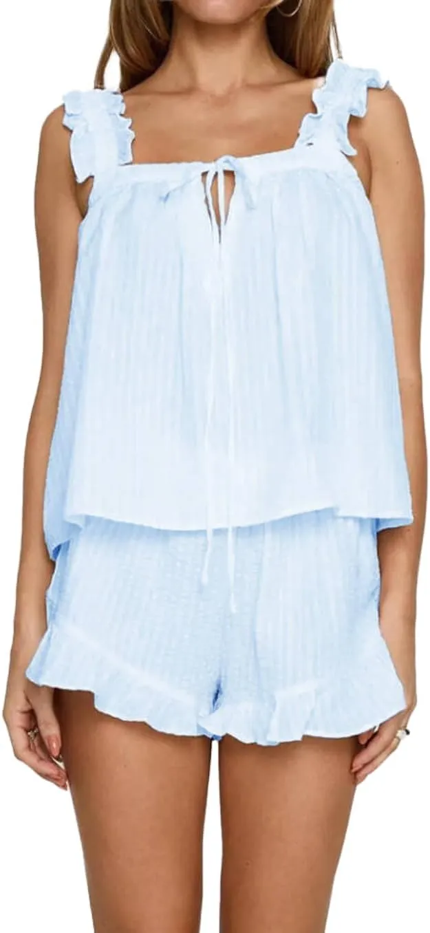 Women Striped Pajama Set 2 Piece Summer Sleeveless Camisole Top and Shorts Set Cozy Lounge Sets