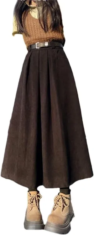 Women Vintage Belt Corduroy Midi Skirts Streetwear Black High Waist Pleated Skirt