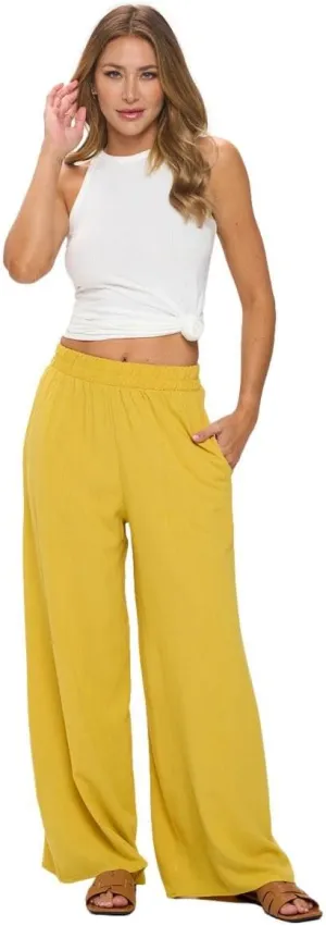 Women Wide Leg Linen Palazzo Pants Regular Waist Boho Flowy Pants with Pocket Travel Trousers - Made in USA