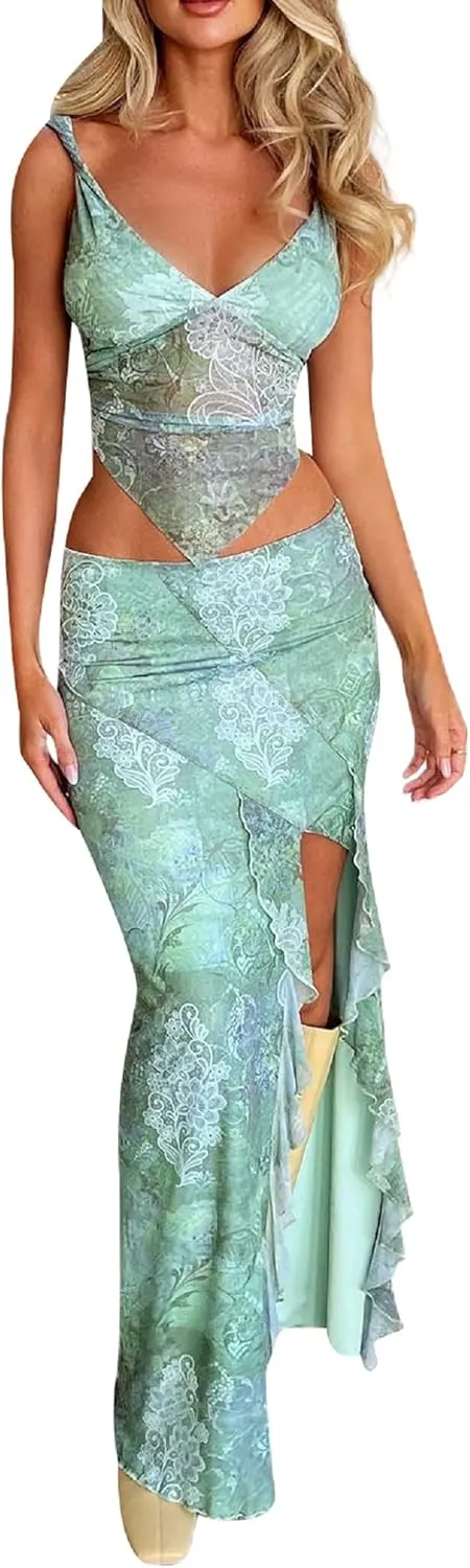 Women Y2K 2 Piece Long Skirt Set V Neck Halter Crop Top Off Shoulder Slim Fit Tube Top Split Maxi Skirts Outfit
