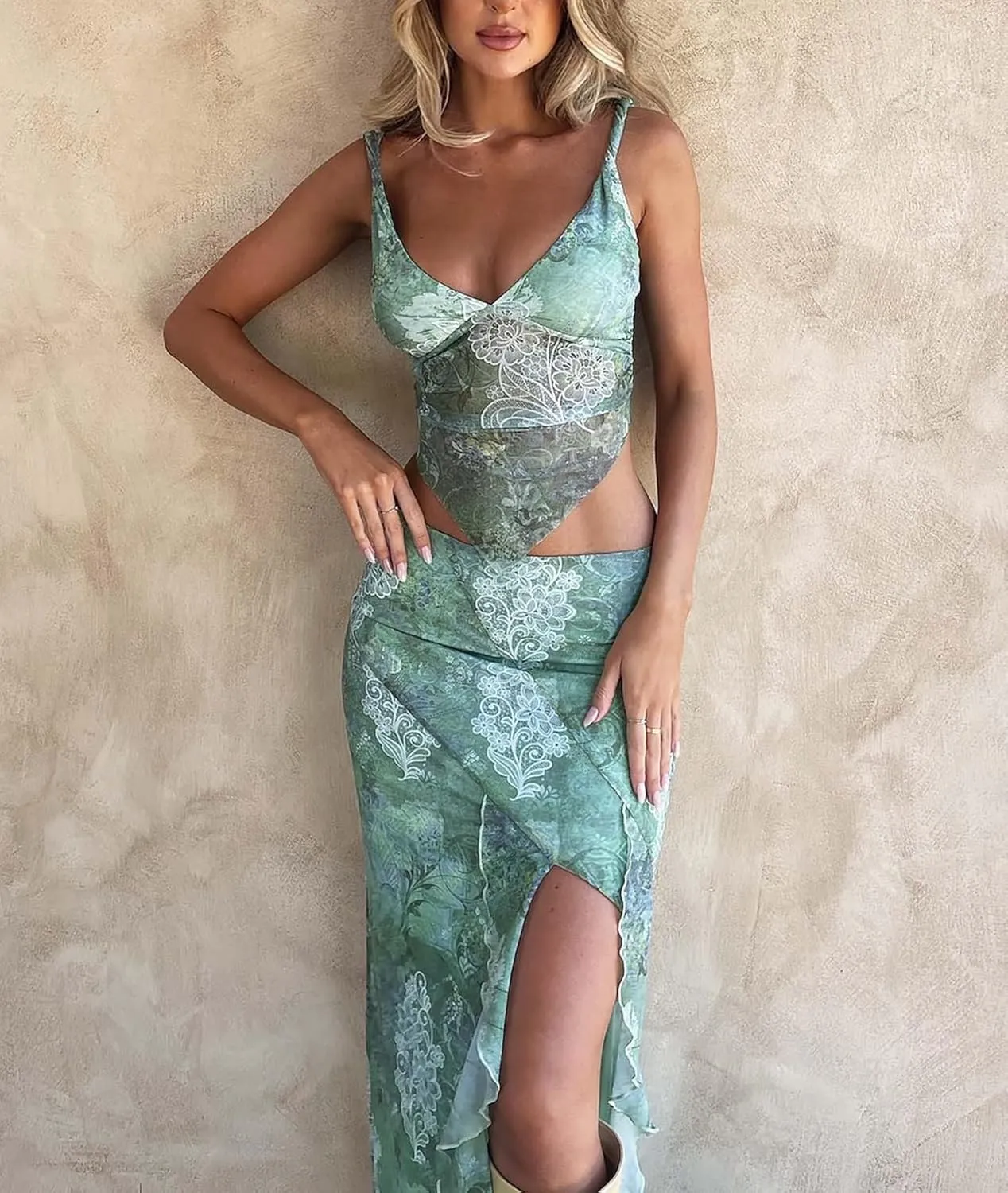 Women Y2K 2 Piece Long Skirt Set V Neck Halter Crop Top Off Shoulder Slim Fit Tube Top Split Maxi Skirts Outfit