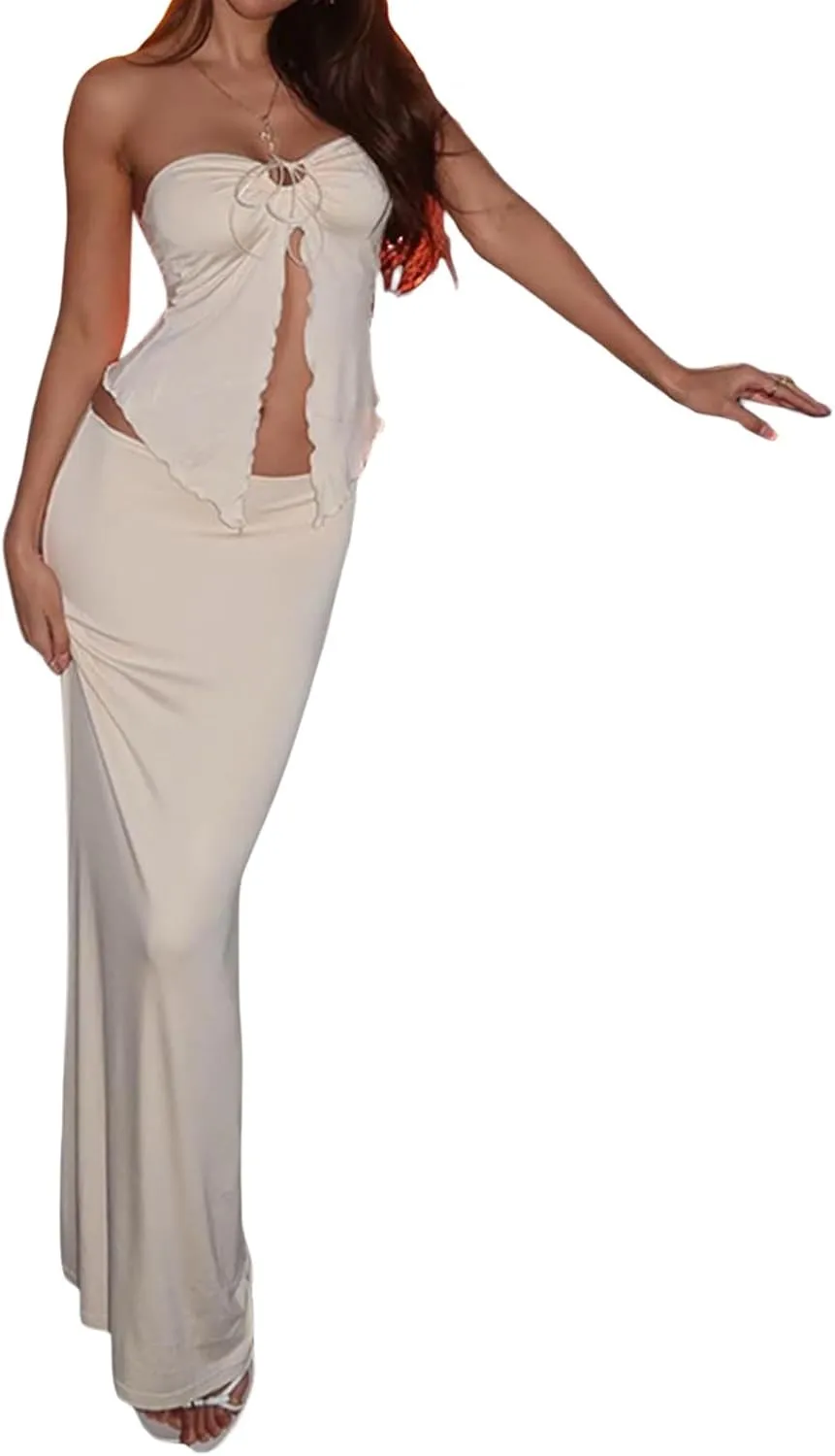 Women Y2k 2 Piece Skirt Set Low Cut Slim Fit Crop Top Low Waist Bodycon Maxi Skirt Outfit Summer Clubwear