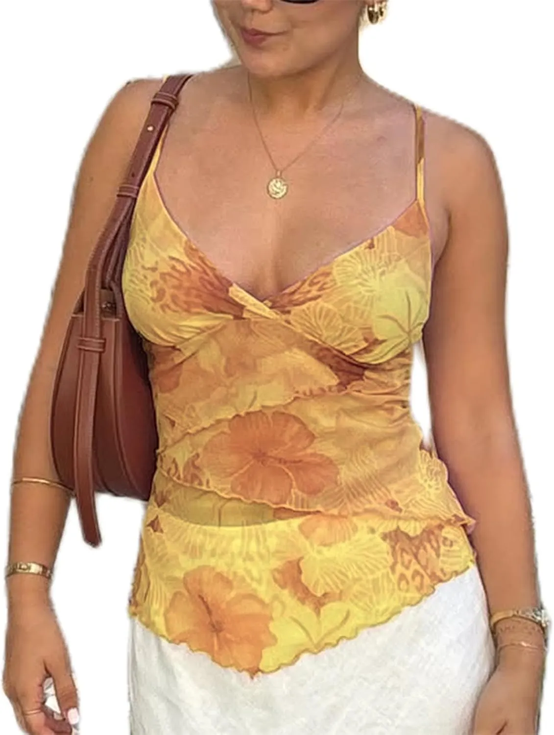 Women Y2k Cami Tank Top Sleeveless Floral Print Slim Fit Camisole Spaghetti Strap Trendy Streetwear