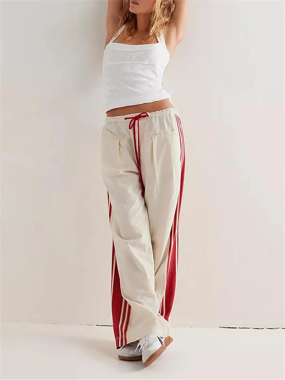Women Y2k Track Pants Side Striped Wide Leg Baggy Pants Casual Drawstring Waist Parachute Sweatpants Streetwear