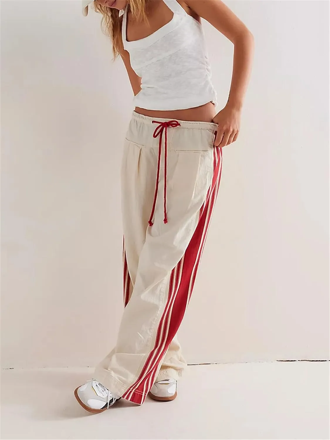 Women Y2k Track Pants Side Striped Wide Leg Baggy Pants Casual Drawstring Waist Parachute Sweatpants Streetwear