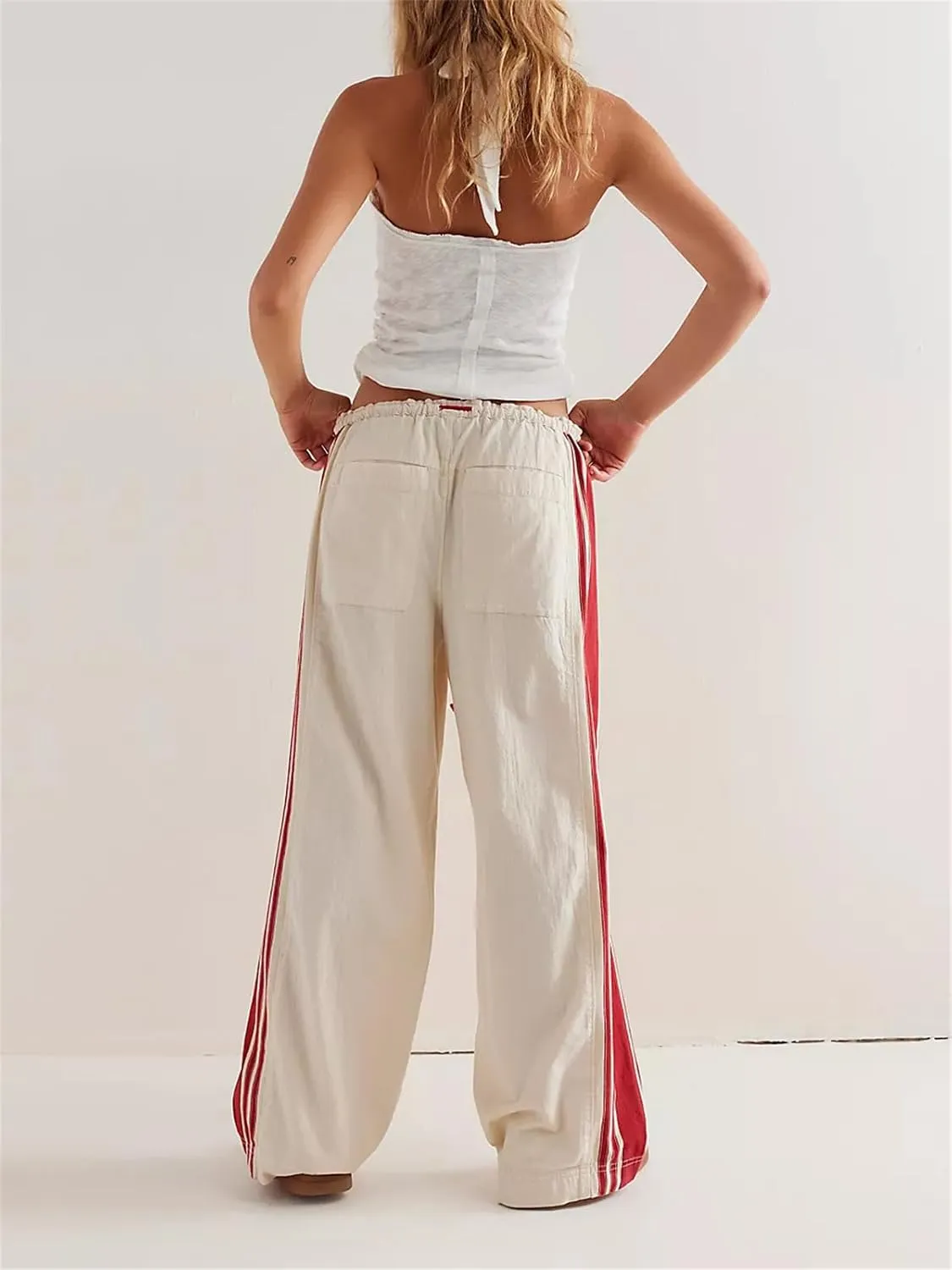 Women Y2k Track Pants Side Striped Wide Leg Baggy Pants Casual Drawstring Waist Parachute Sweatpants Streetwear