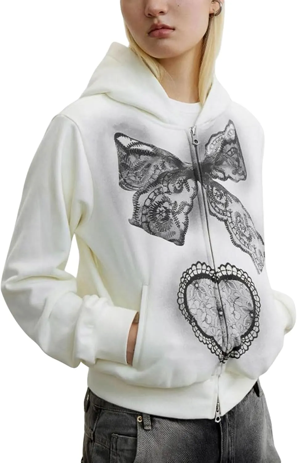Women Y2k Zip Up Cropped Hoodie Vintage Graphic Oversized Hooded Sweatshirt Jacket with Pockets Teen Girl Fall Coat
