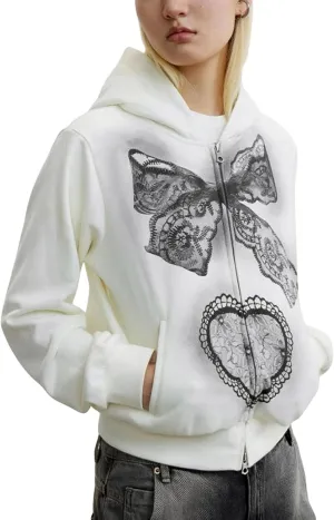 Women Y2k Zip Up Cropped Hoodie Vintage Graphic Oversized Hooded Sweatshirt Jacket with Pockets Teen Girl Fall Coat