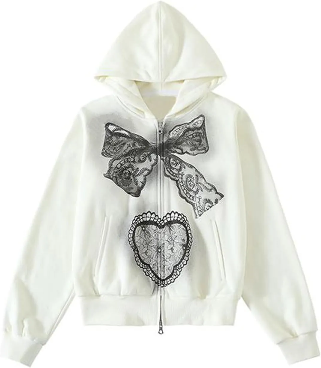 Women Y2k Zip Up Cropped Hoodie Vintage Graphic Oversized Hooded Sweatshirt Jacket with Pockets Teen Girl Fall Coat